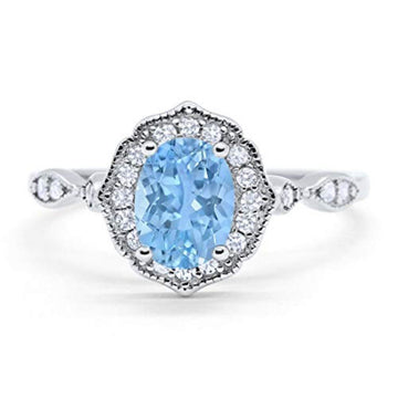 Antique Style Wedding Ring Oval Simulated Aquamarine CZ 925 Sterling Silver